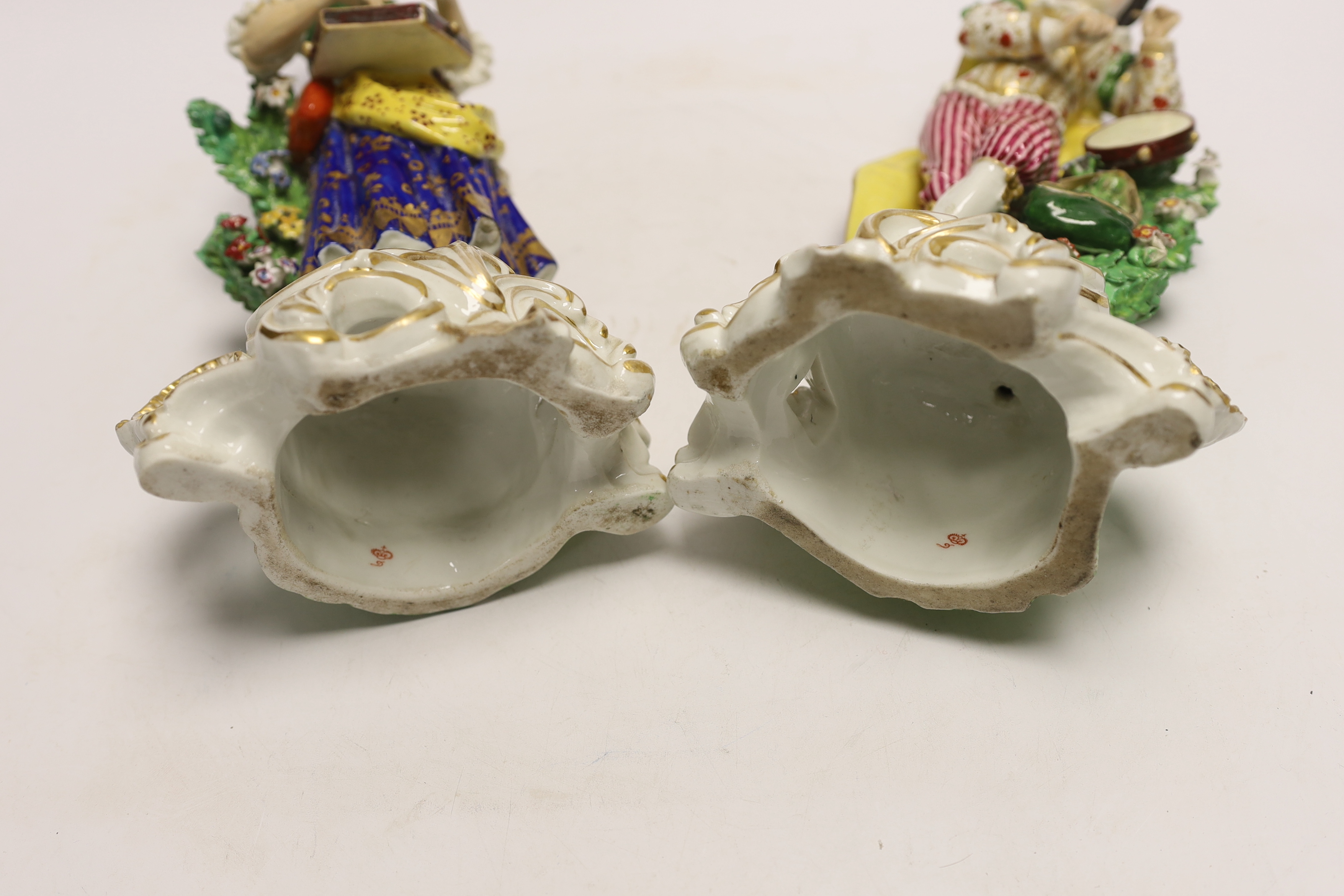 A pair of Continental porcelain figures of musicians, pseudo Derby marks, 27cm